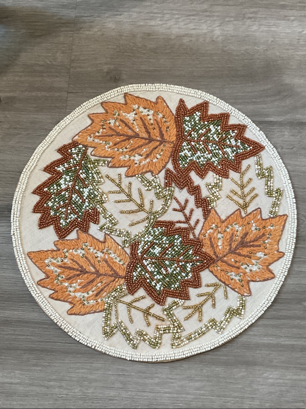 Set of 6 Handmade Beaded Fall Leaf Round Placemat in Orange and Green